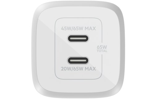 Chargeur USB-C 65 W GaN 2 ports iPhone, iPad, Mac - Belkin BoostCharge Pro Blanc