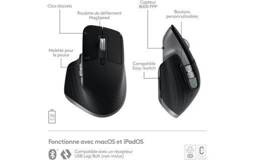Souris sans fil pour Mac Logitech MX Master 3S - Noire - Ergonomique