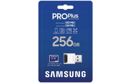 Carte microSDXC Samsung PRO Plus 256 Go avec adaptateur USB, UHS-I, V30