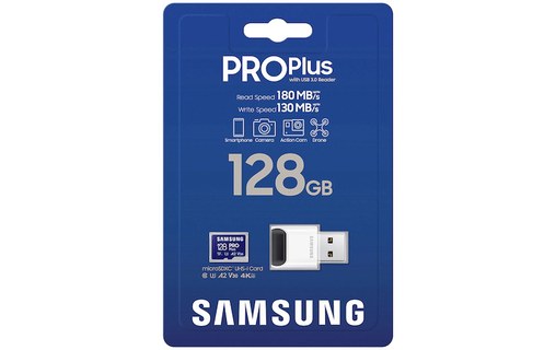 Carte microSDXC Samsung PRO Plus 128 Go avec adaptateur USB, UHS-I, V30