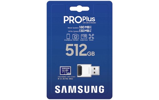 Carte microSDXC Samsung PRO Plus 512 Go avec adaptateur USB, UHS-I, V30