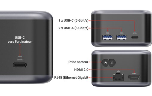 Station d'accueil USB-C 5 ports & adaptateur secteur 100 W - LMP PowerDock Noir
