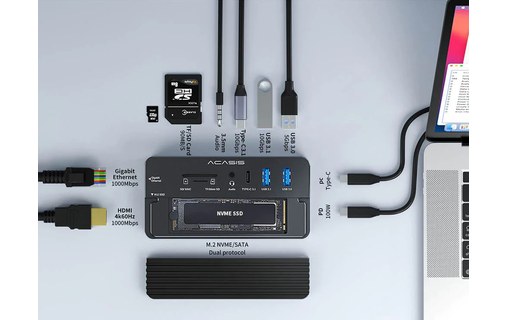 Dock USB-C 10 ports avec emplacement SSD M.2 NVMe - Acasis CM073 - Noir