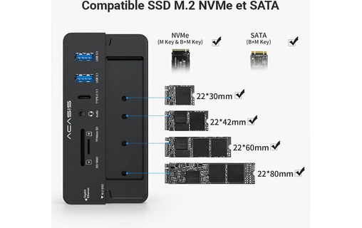 Dock USB-C 10 ports avec emplacement SSD M.2 NVMe - Acasis CM073 - Noir
