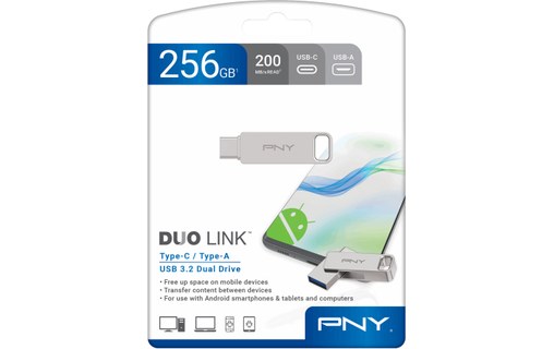 Clé USB-C et USB-A PNY Duo-Link 256 Go - Métal - USB 3.2