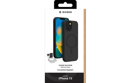 Coque MagSafe pour iPhone 15 en silicone Avec dragonne - Noire - Bigben
