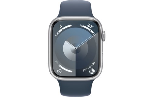 Apple Watch Series 9 4G 45mm Aluminium argent, Bracelet Sport Bleu orage - M/L