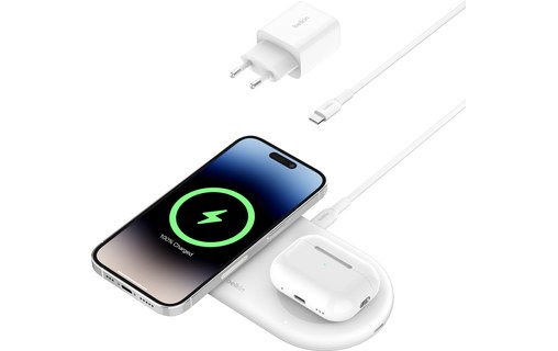 Chargeur sans fil Qi2 (15 W) 2-en-1 - Belkin BoostCharge Pro - Blanc