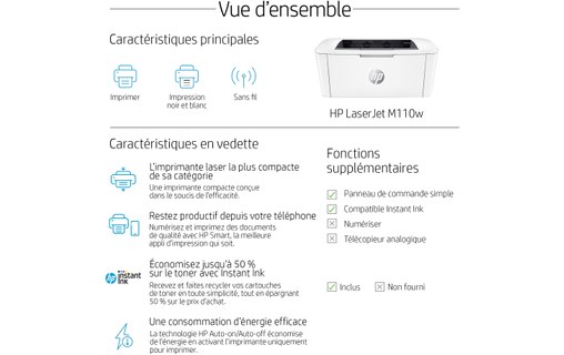 Imprimante laser HP LaserJet M110w / 7MD66F#B19 - WiFi, AirPrint, Bluetooth