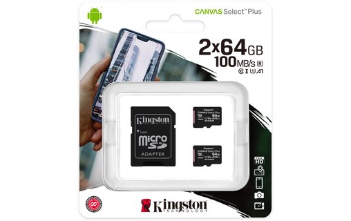Lot de 2 cartes microSDXC Kingston Canvas Select Plus 64 Go avec adaptateur SD