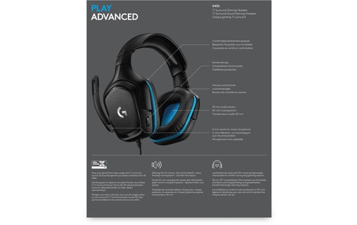 Casque gaming Logitech G432 Bleu, Noir
