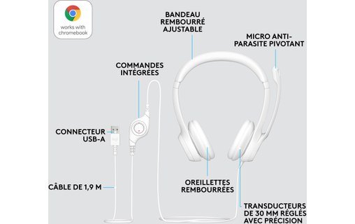 Micro-casque Logitech H390, Blanc - USB