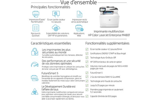 Imprimante multifonction HP Color LaserJet Enterprise M480f / 3QA55A - AirPrint