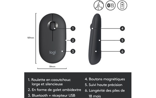 Logitech Pebble M350 souris RF Sans fil + Bluetooth Optique 1000 DPI Ambidextre