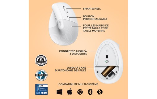 Souris sans fil Logitech Lift - Blanche - Ergonomique, Verticale