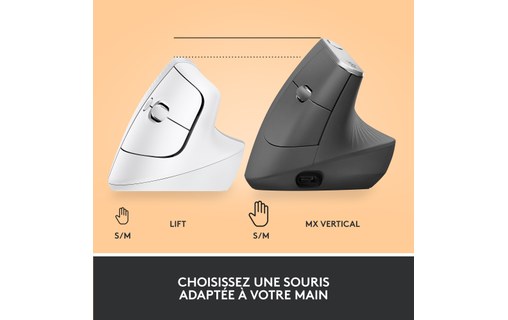 Souris sans fil Logitech Lift - Blanche - Ergonomique, Verticale