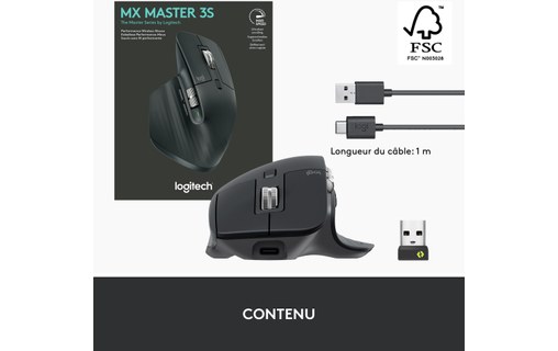 Souris sans fil Logitech MX Master 3S - Grise - Pour droitier, Ergonomique