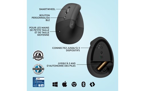 Souris sans fil Logitech Lift - Graphite - Pour gaucher, Ergonomique