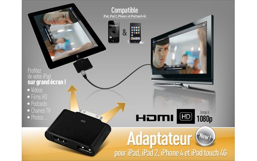 Adaptateur Vidéo HDMI 1080p pour iPad 1&2, nouvel iPad, iPhone 4, iPod touch 4G
