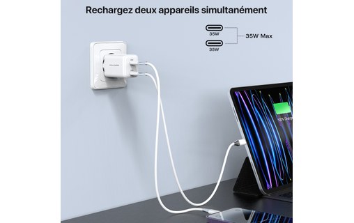Chargeur 2 x USB-C 35 W Novodio C-Charge 35 GaN Blanc - Pour Mac, iPhone et iPad