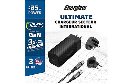 Chargeur mural international ENERGIZER 65W câble USB-C 1m