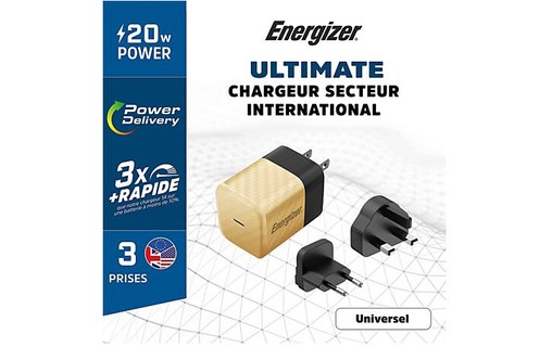 Chargeur mural international ENERGIZER USB-C 20W 4A Noir et Or