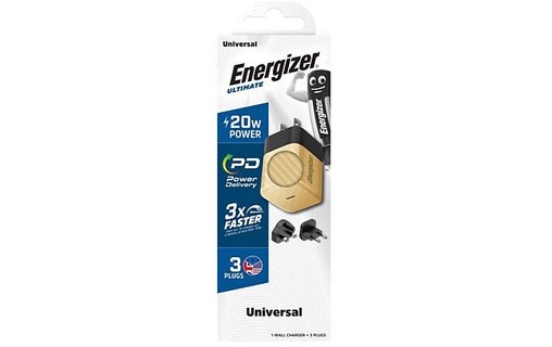 Chargeur mural international ENERGIZER USB-C 20W 4A Noir et Or