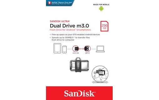 Clé USB SanDisk Ultra Dual M3.0 256 Go - Argent, Noir, Transparent - USB 3.2
