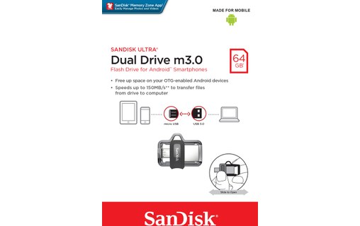 Clé USB SanDisk Ultra Dual M3.0 64 Go - Argent, Noir, Transparent - USB 3.2