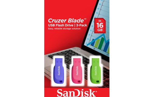 Lot de 3 Clé USB SanDisk Cruzer Blade 16 Go - Bleu, Vert, Rose - USB 2.0