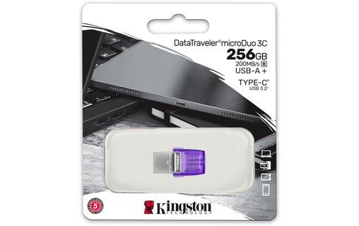 Clé USB-C & USB-A Kingston DataTraveler microDuo 3C G3 256 Go - Violet - USB 3.2