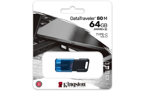 Clé USB-C Kingston DataTraveler 80 M 64 Go - Bleu, Noir - USB 3.2