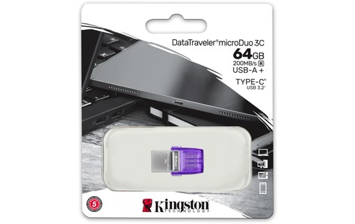 Clé USB-C & USB-A Kingston DataTraveler microDuo 3C G3 64 Go - Violet - USB 3.2