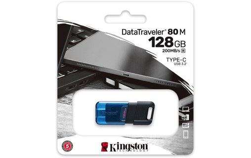 Clé USB-C Kingston DataTraveler 80 M 128 Go - Bleu, Noir - USB 3.2