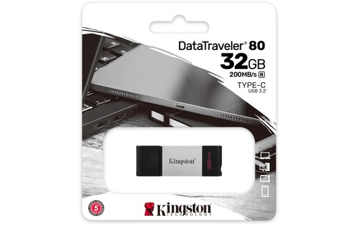 Clé USB-C Kingston DataTraveler 80 32 Go - Argent, Noir - USB 3.2