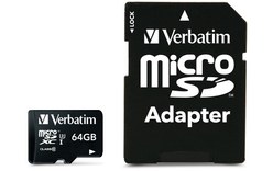Carte microSDXC Verbatim Pro U3 64 Go avec adaptateur SD, UHS-I, V30