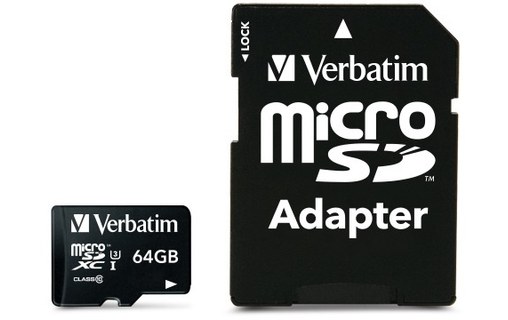 Carte microSDXC Verbatim Pro U3 64 Go avec adaptateur SD, UHS-I, V30