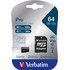 Carte microSDXC Verbatim Pro U3 64 Go avec adaptateur SD, UHS-I, V30