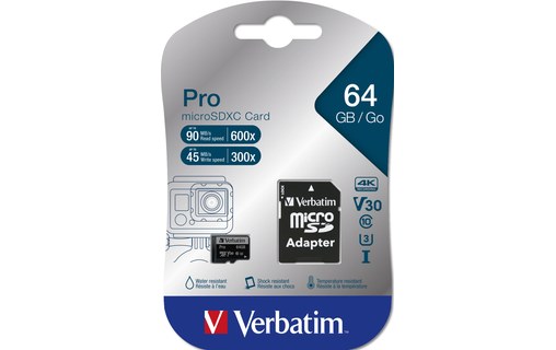 Carte microSDXC Verbatim Pro U3 64 Go avec adaptateur SD, UHS-I, V30