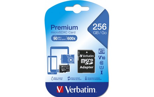 Carte microSDXC Verbatim Premium 256 Go avec adaptateur SD