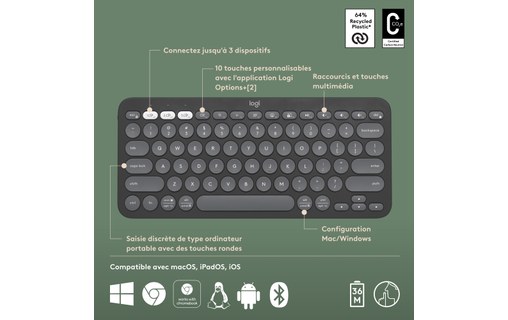 Clavier sans fil Logitech Pebble Keys 2 K380s - Gris anthracite