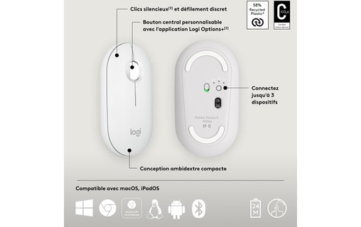 Souris sans fil Logitech Pebble 2 M350s - Blanche