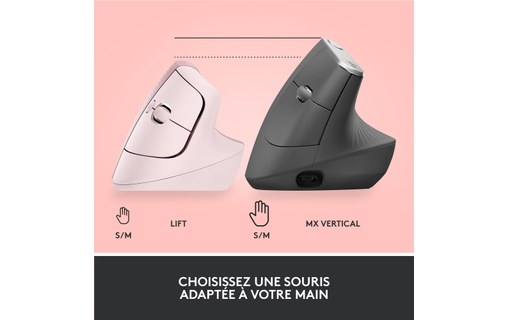 Souris sans fil Logitech Lift - Rose - Ergonomique, Verticale