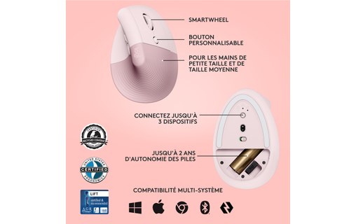 Souris sans fil Logitech Lift - Rose - Ergonomique, Verticale