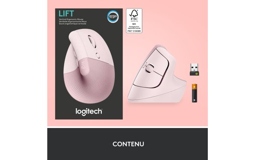 Souris sans fil Logitech Lift - Rose - Ergonomique, Verticale