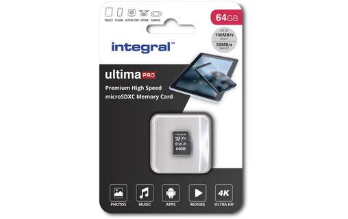 Carte microSDXC Integral UltimaPro 64 Go avec adaptateur SD, UHS-I, V30