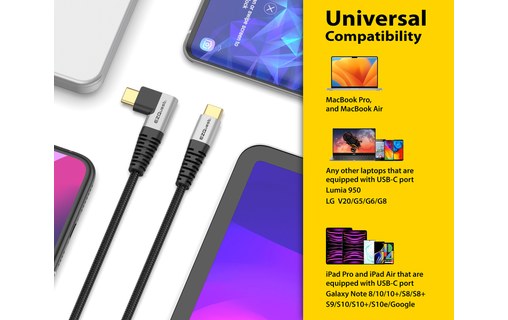 Câble de charge USB-C vers USB-C 100 W coudé 1,2 m - EZQuest DuraGuard C10012
