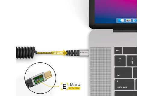 Câble de charge USB-C vers USB-C 100 W spiralé 1,5 m - EZQuest DuraGuard C10015