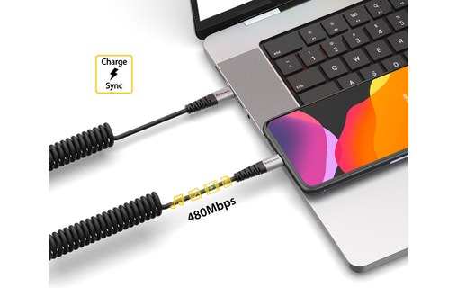 Câble de charge USB-C vers USB-C 100 W spiralé 1,5 m - EZQuest DuraGuard C10015