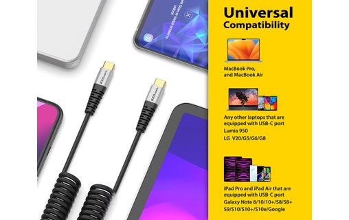 Câble de charge USB-C vers USB-C 100 W spiralé 1,5 m - EZQuest DuraGuard C10015
